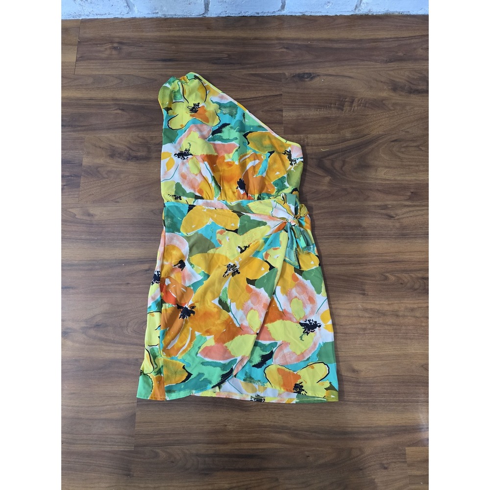SHEIN One Shoulder Mini Dress Women Medium Yellow NEW Floral Tie Front Summer